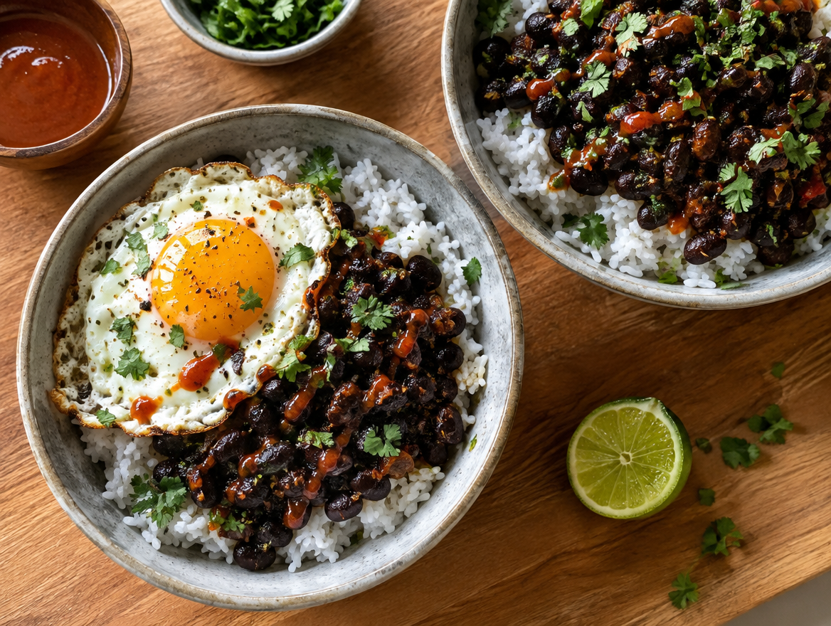 Smoky black bean rice bowls with a fried egg
