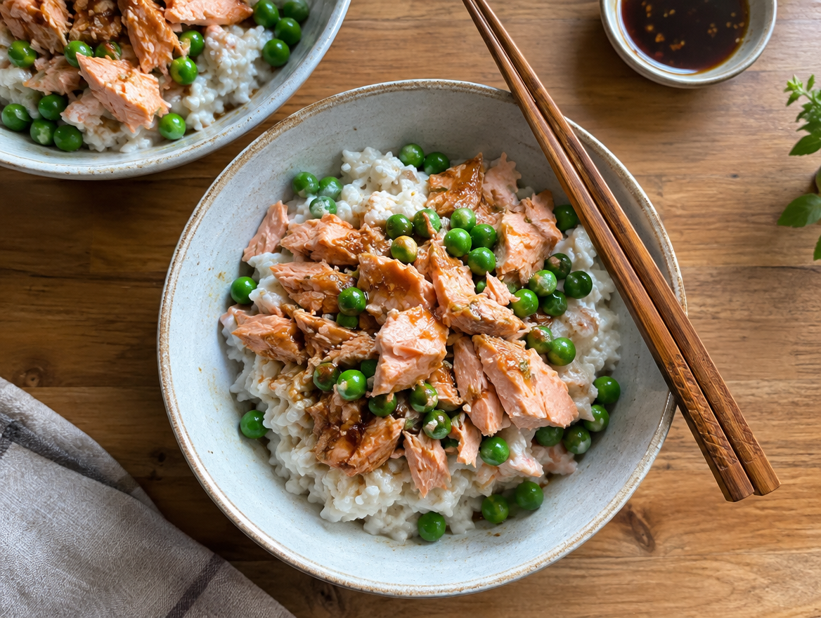 Coconut salmon rice bowls with soy-glazed canned salmon