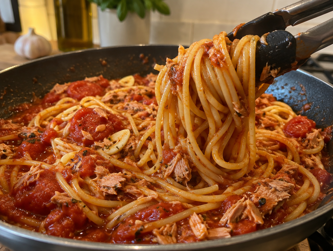 Quick tuna puttanesca spaghetti in a skillet