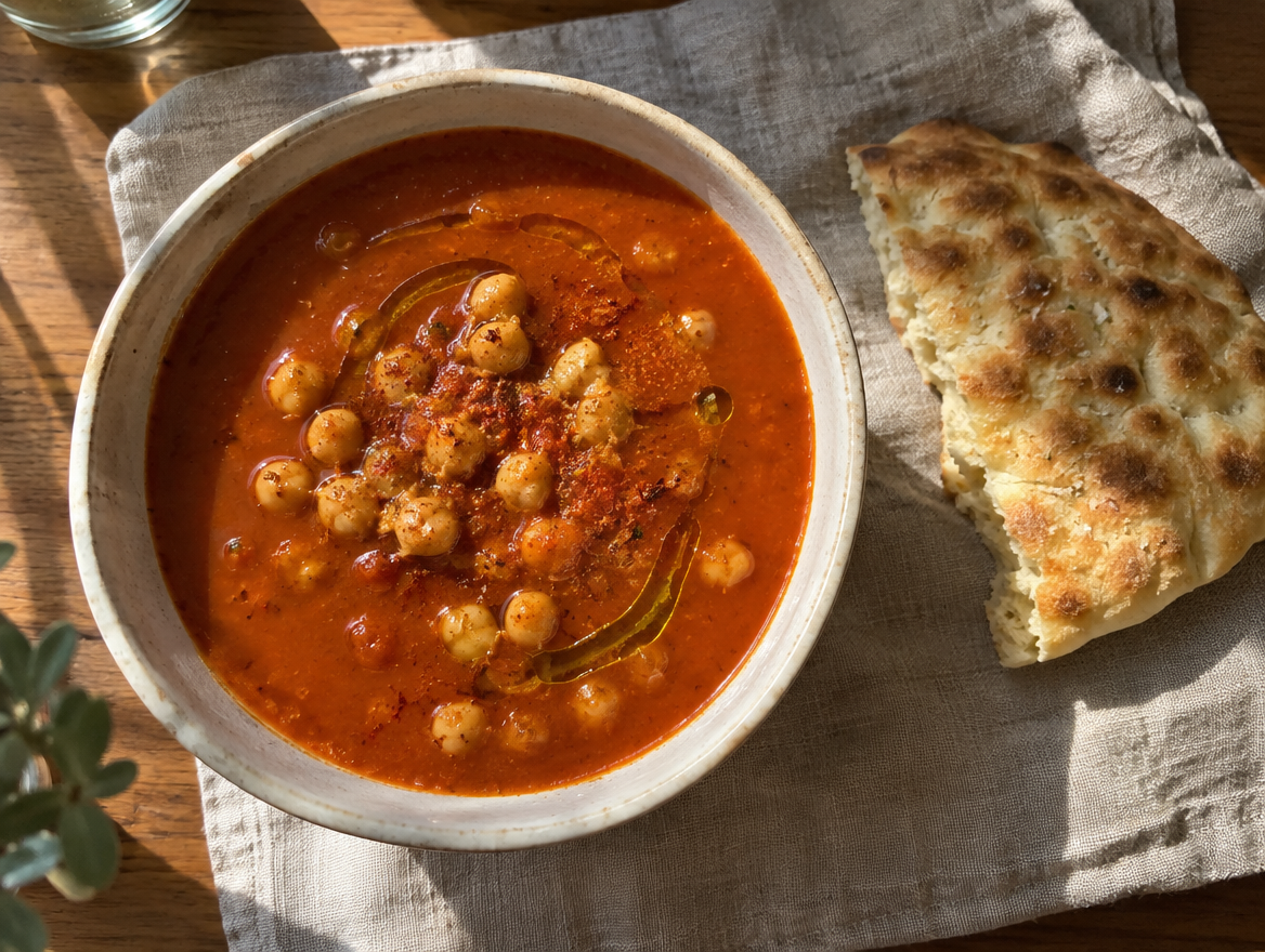 Chickpea and smoked paprika soup with flatbread
