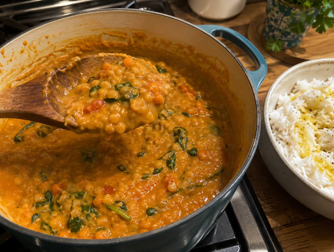 Coconut red lentil dal simmering in a pot with rice on the side