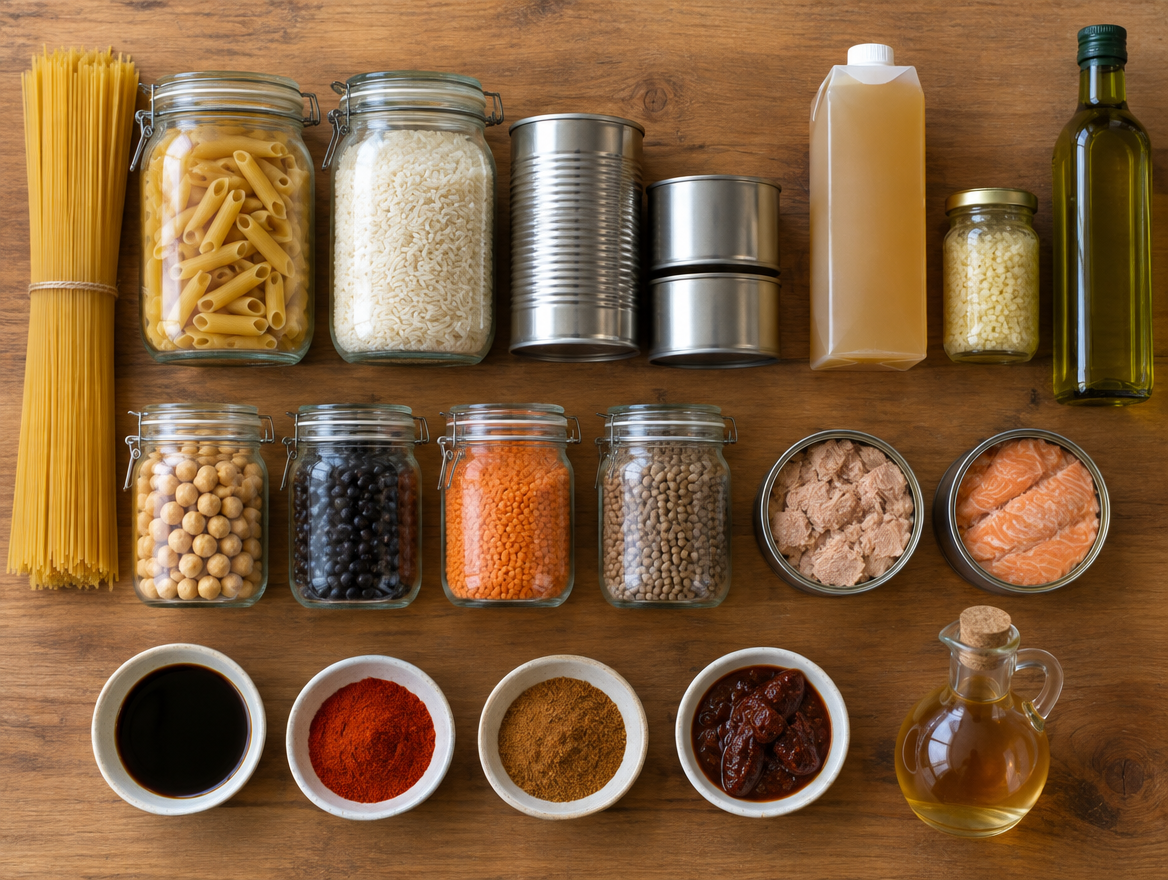 The 20 pantry staples laid out by tier: pasta, rice, canned goods, beans, lentils, and flavor items