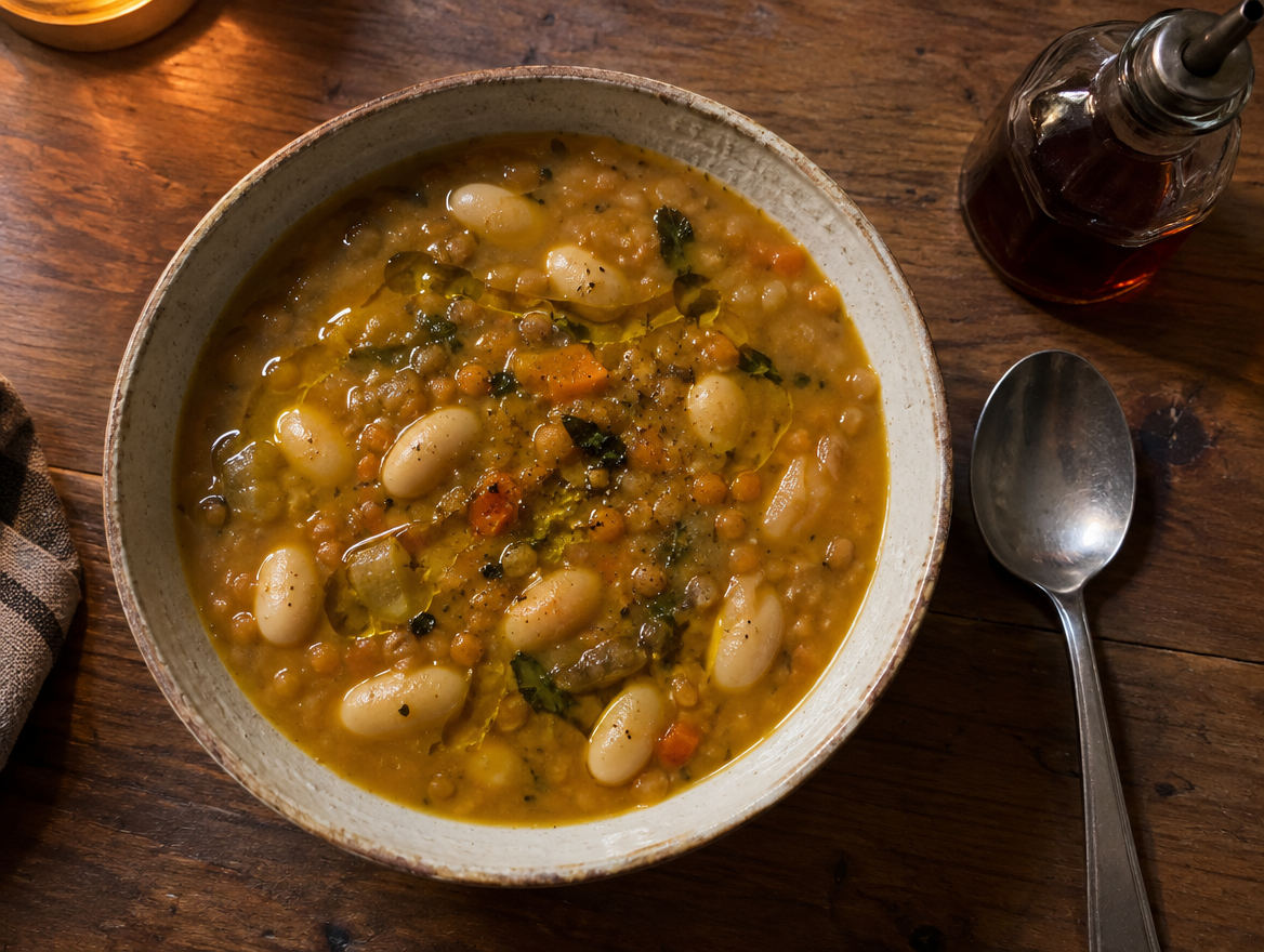 White bean and lentil soup made from leftover dal