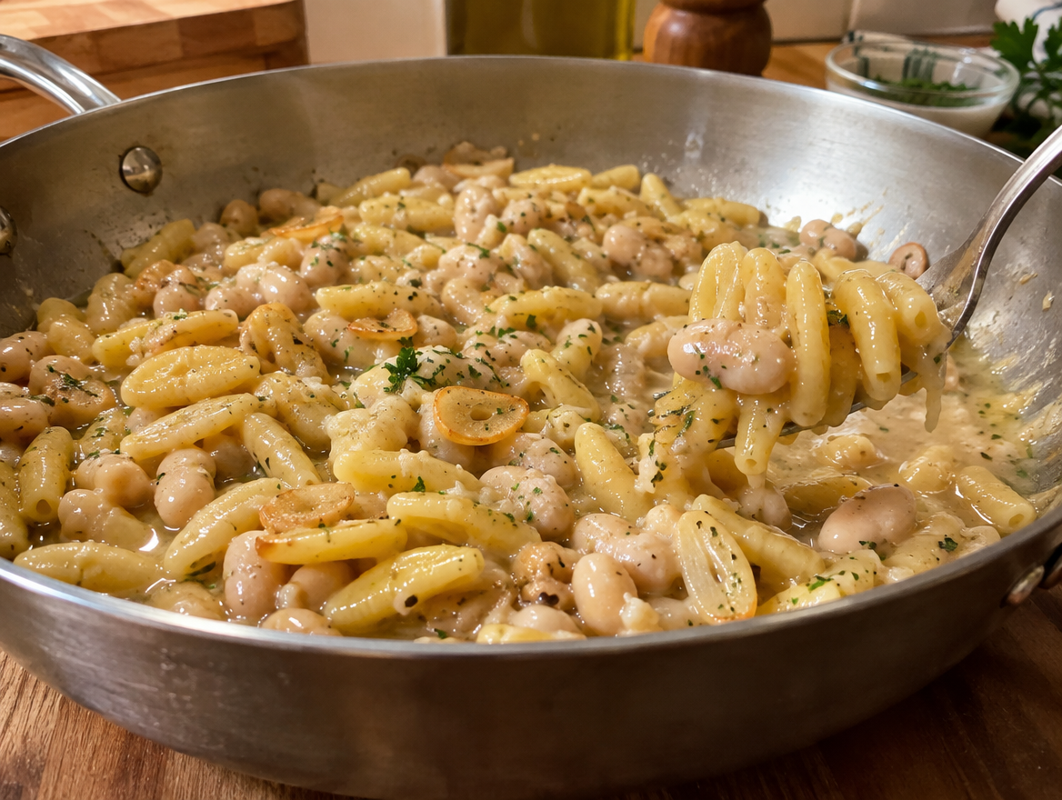 Brothy white bean and garlic pasta in a skillet