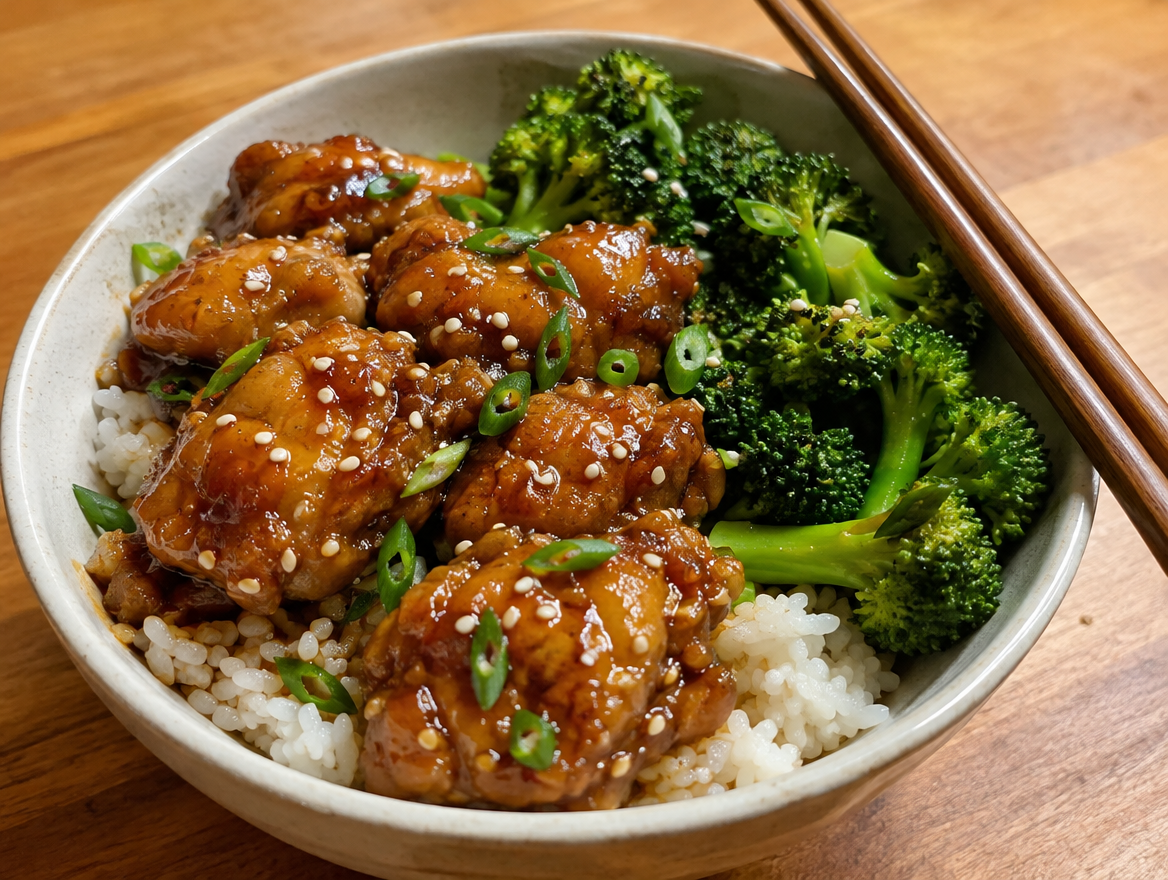 Crockpot honey garlic chicken thighs over rice with broccoli, sesame seeds and green onions
