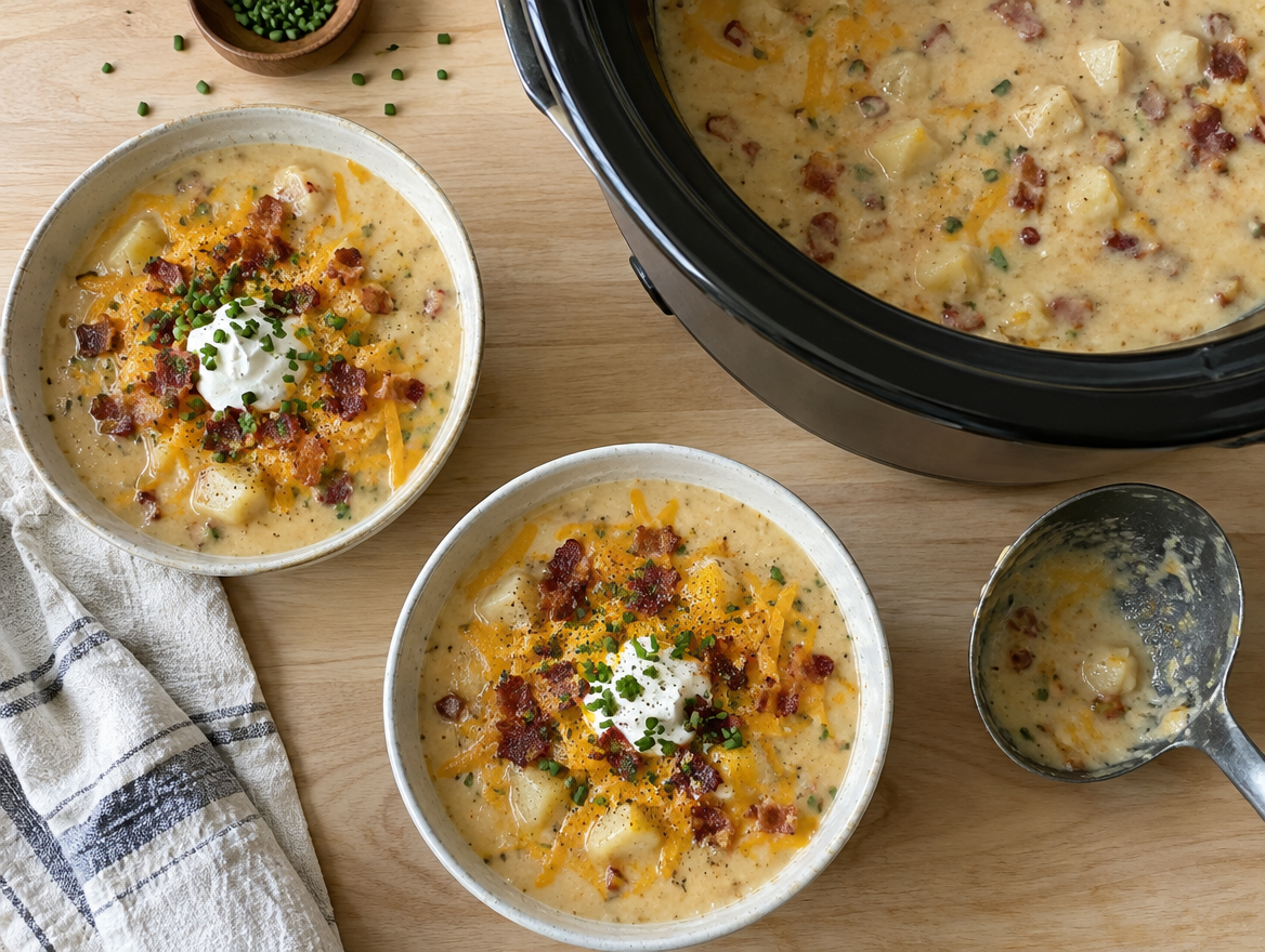 Bowls of slow cooker loaded potato soup with cheddar, bacon, sour cream and chives