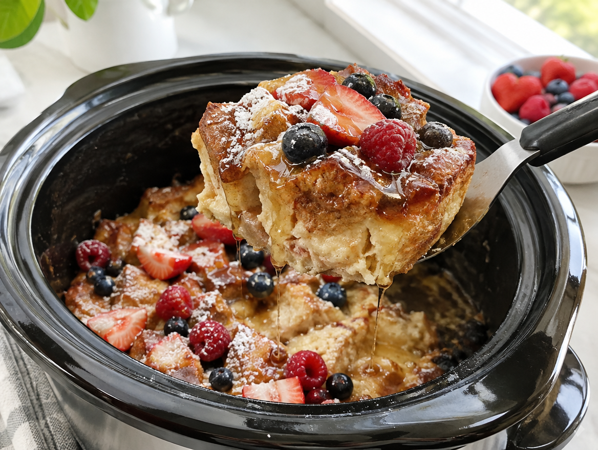 Serving of crockpot French toast casserole with maple syrup and berries lifted from the slow cooker