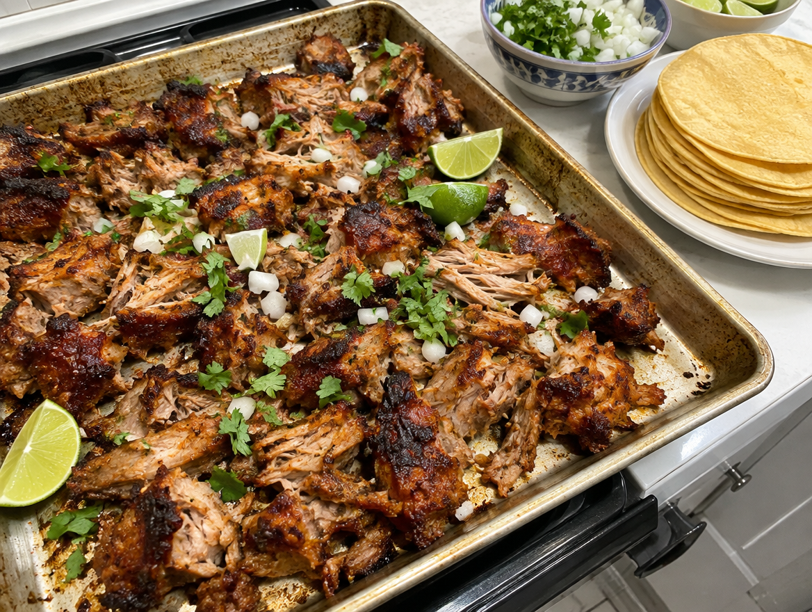 Crispy slow cooker pork carnitas on a sheet pan with lime, onion and cilantro