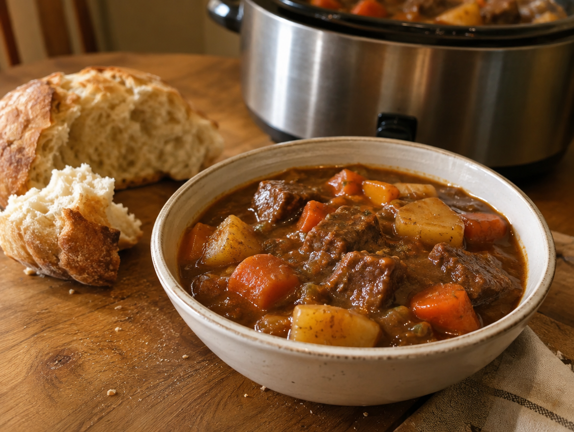 Bowl of slow cooker beef stew with beef, carrots and potatoes and crusty bread