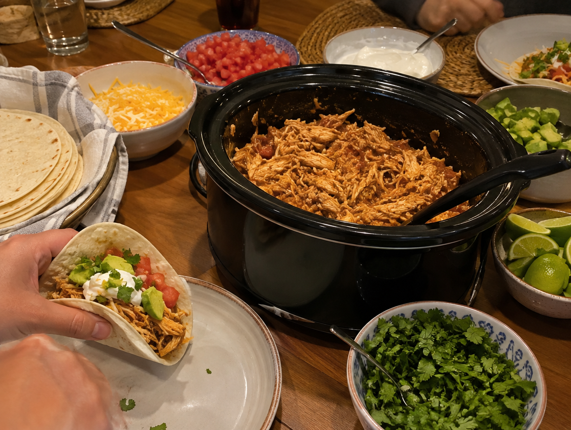 Taco night with a slow cooker of shredded salsa chicken, tortillas and toppings