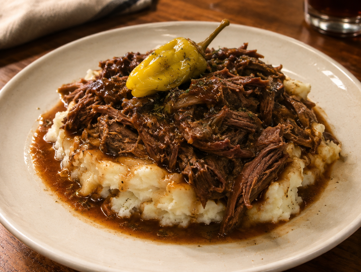 Mississippi pot roast shredded beef over mashed potatoes with gravy and pepperoncini
