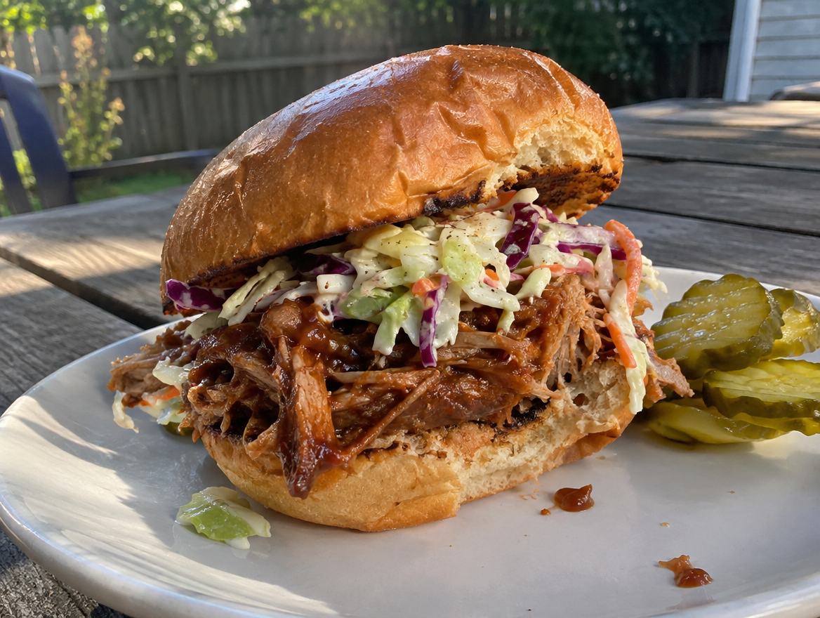 Crockpot pulled pork sandwich with coleslaw on a toasted bun