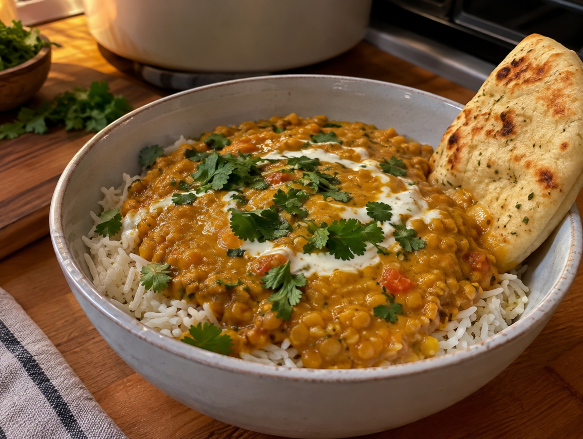 Slow cooker red lentil dal over basmati rice with coconut milk, cilantro and naan