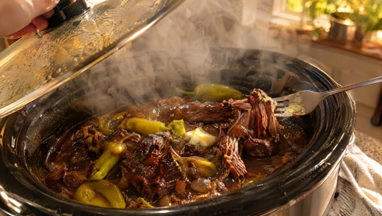 Easy crockpot recipes: lifting the slow cooker lid on steaming shredded pot roast with pepperoncini and gravy