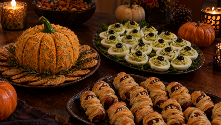 halloween appetizers on a dark party table, including a pumpkin cheese ball, eyeball deviled eggs, and mummy bites