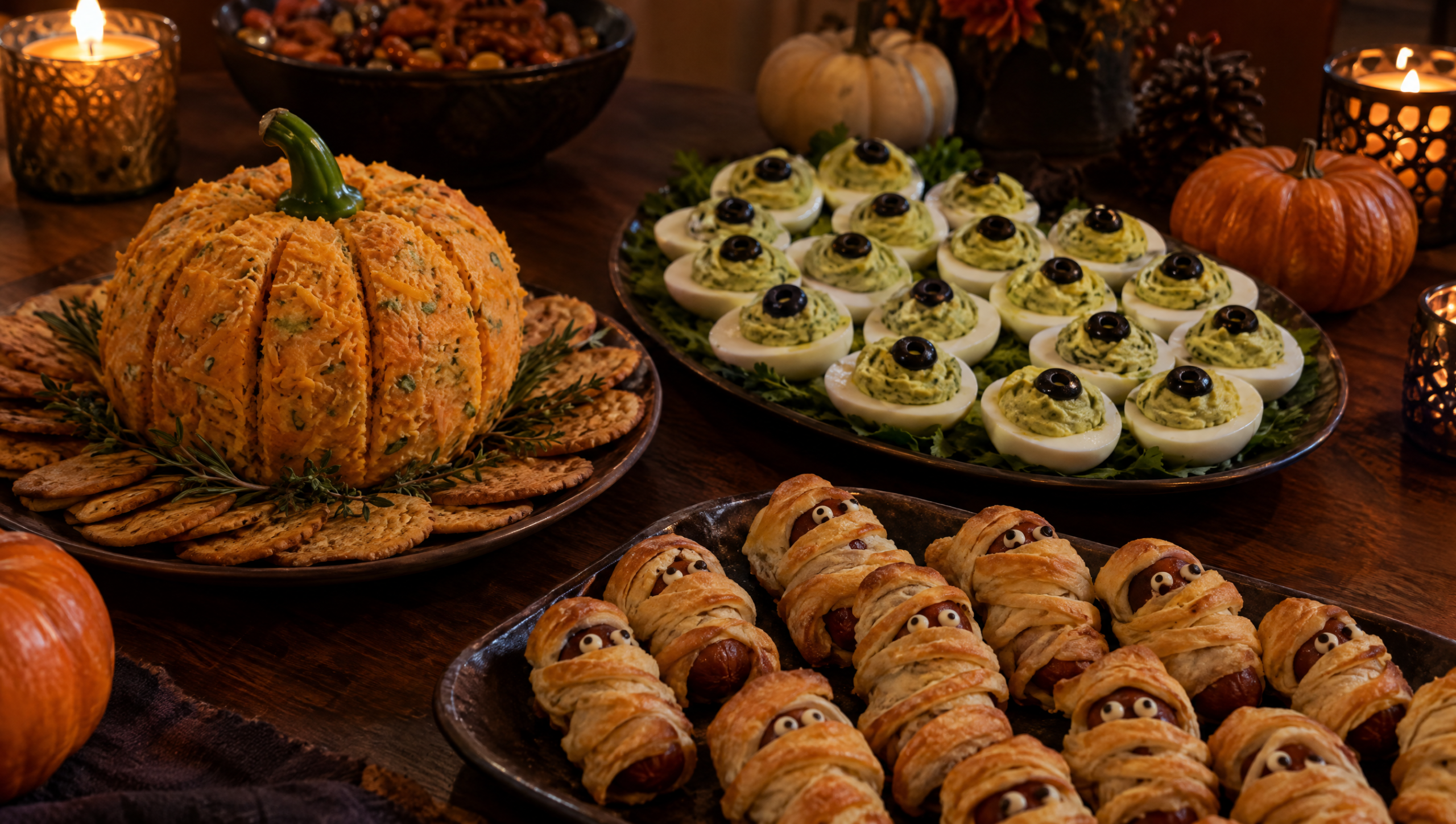 halloween appetizers on a dark party table, including a pumpkin cheese ball, eyeball deviled eggs, and mummy bites