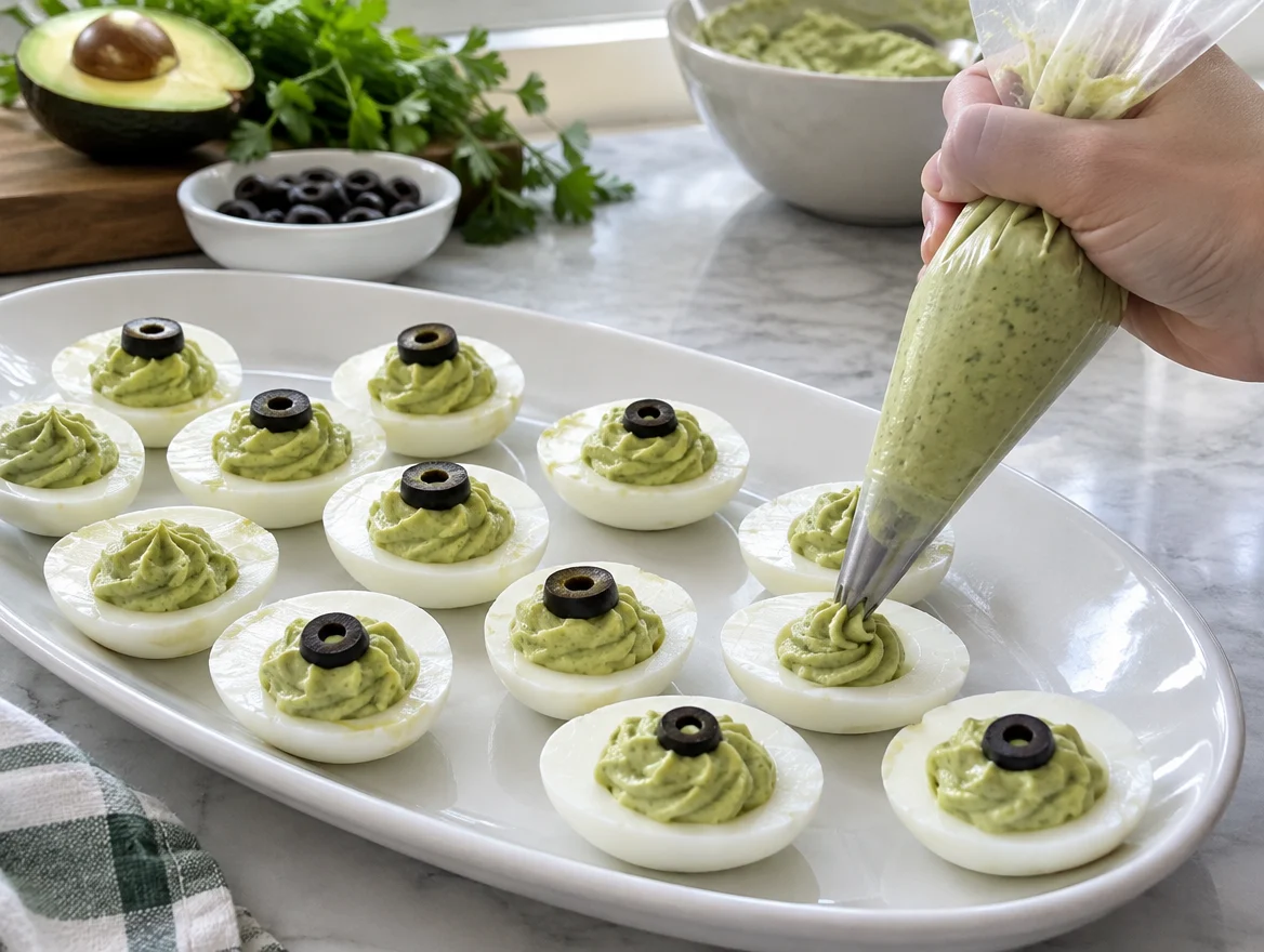 monster eye deviled eggs being piped on the morning of a Halloween party