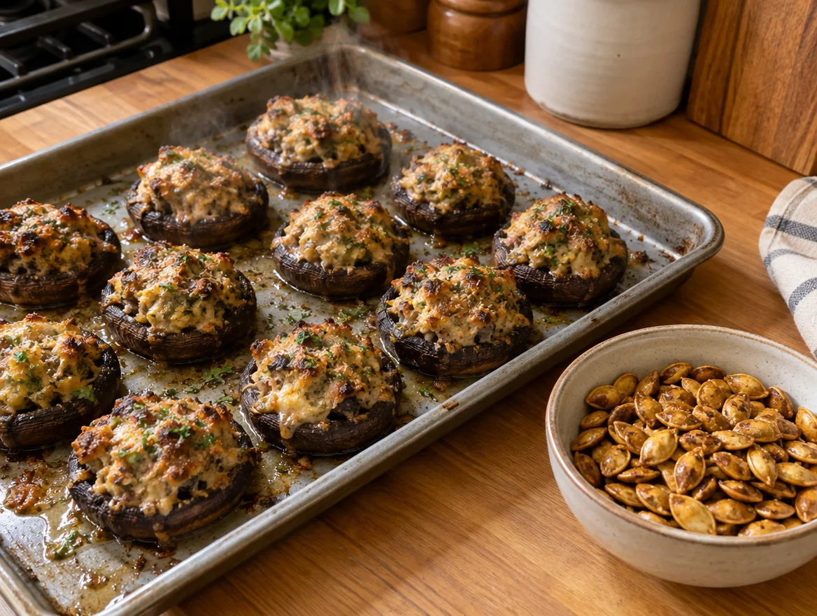 stuffed mushrooms and toasted pumpkin seeds made in the last half hour before a Halloween party