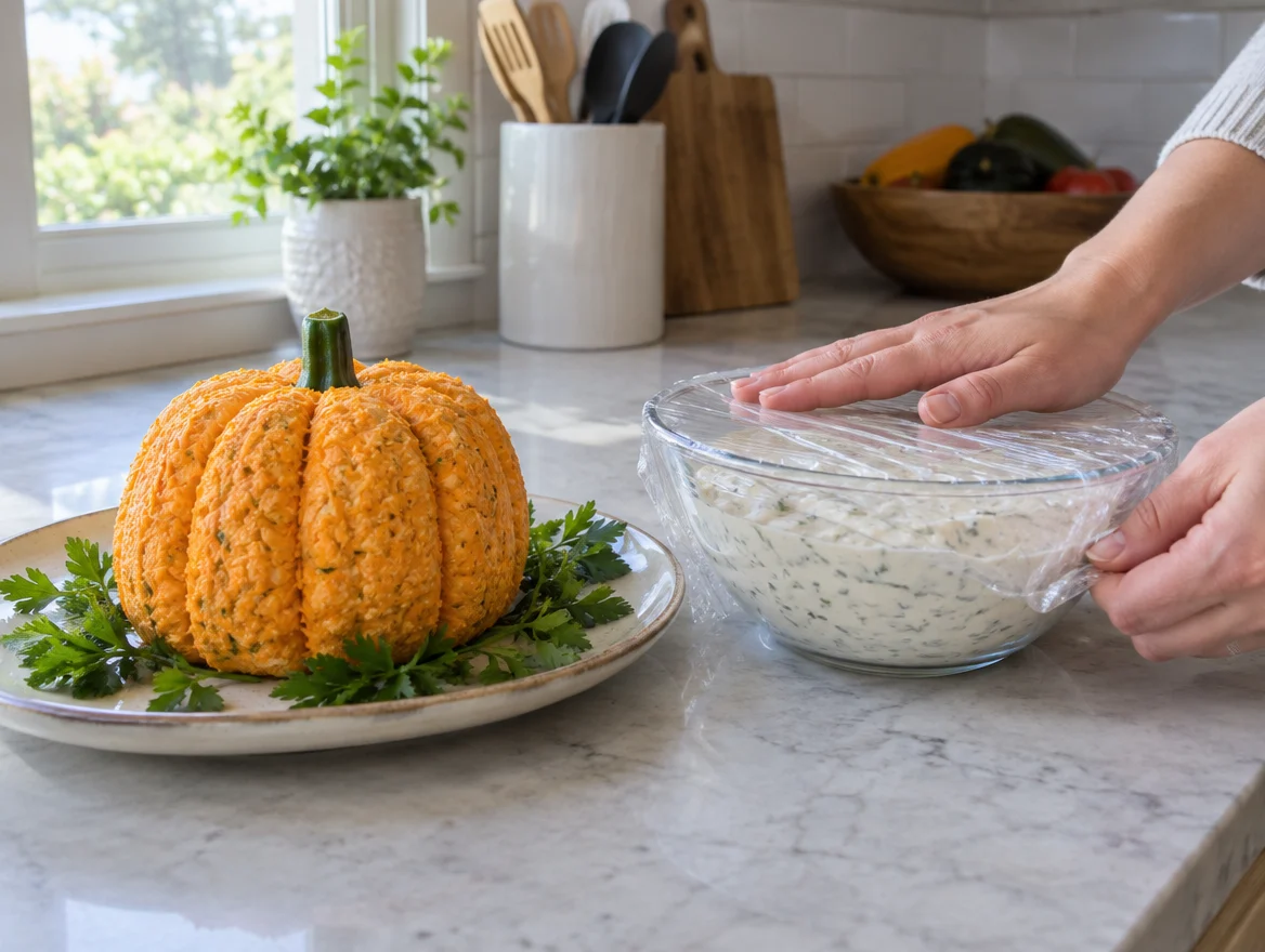 pumpkin-shaped cheese ball and a covered dip being prepped the day before a Halloween party