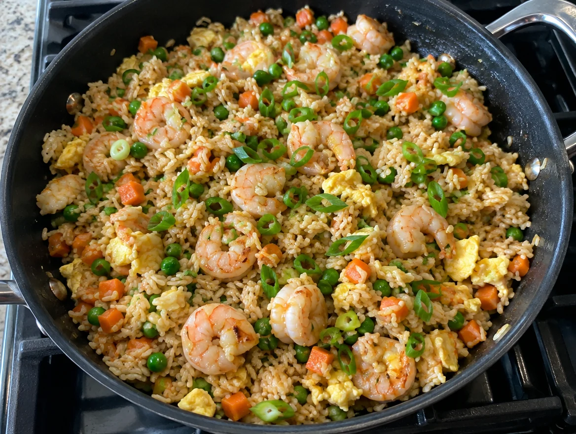 Shrimp fried rice made with frozen rice and peas in a skillet