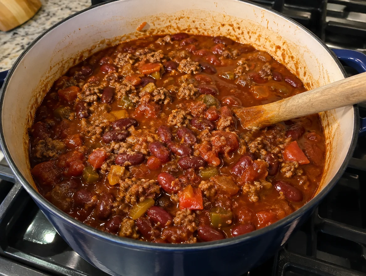 Chili made from frozen ground beef simmering in a pot