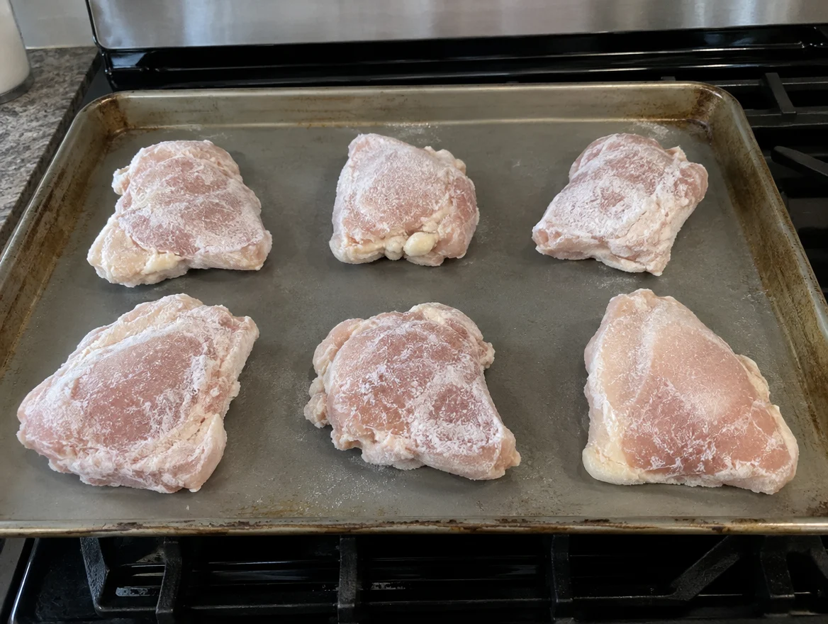 Frozen chicken thighs spread apart on a sheet pan before roasting