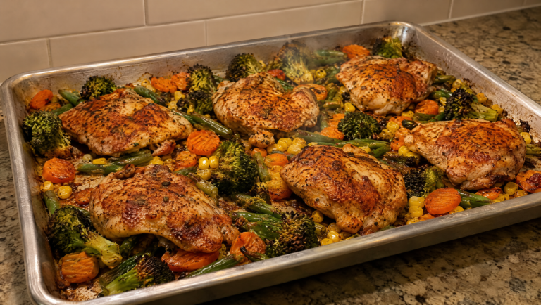 Sheet pan chicken thighs and vegetables, one of five freezer to table dinner ideas cooked from frozen