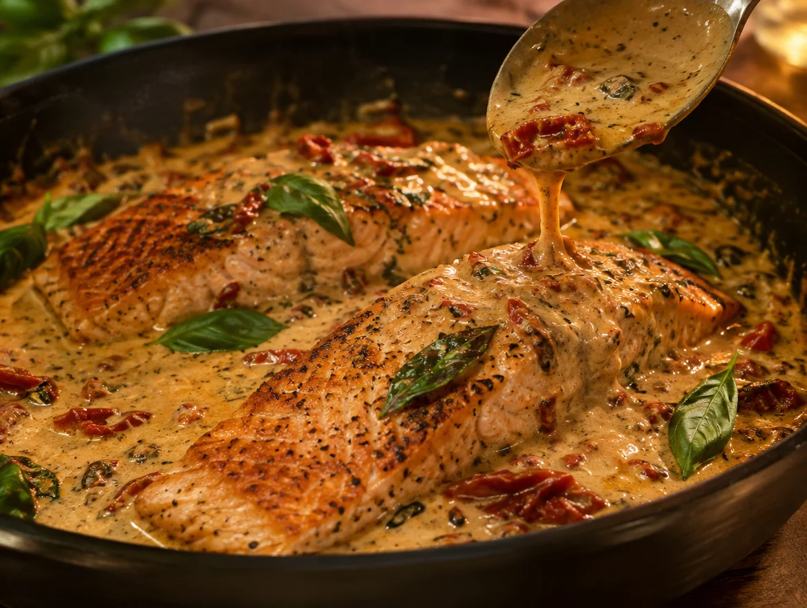 Spooning creamy sauce over salmon fillets in the skillet