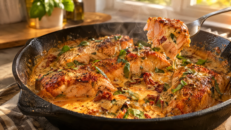 Marry me salmon in a skillet with creamy sun-dried tomato parmesan sauce and fresh basil