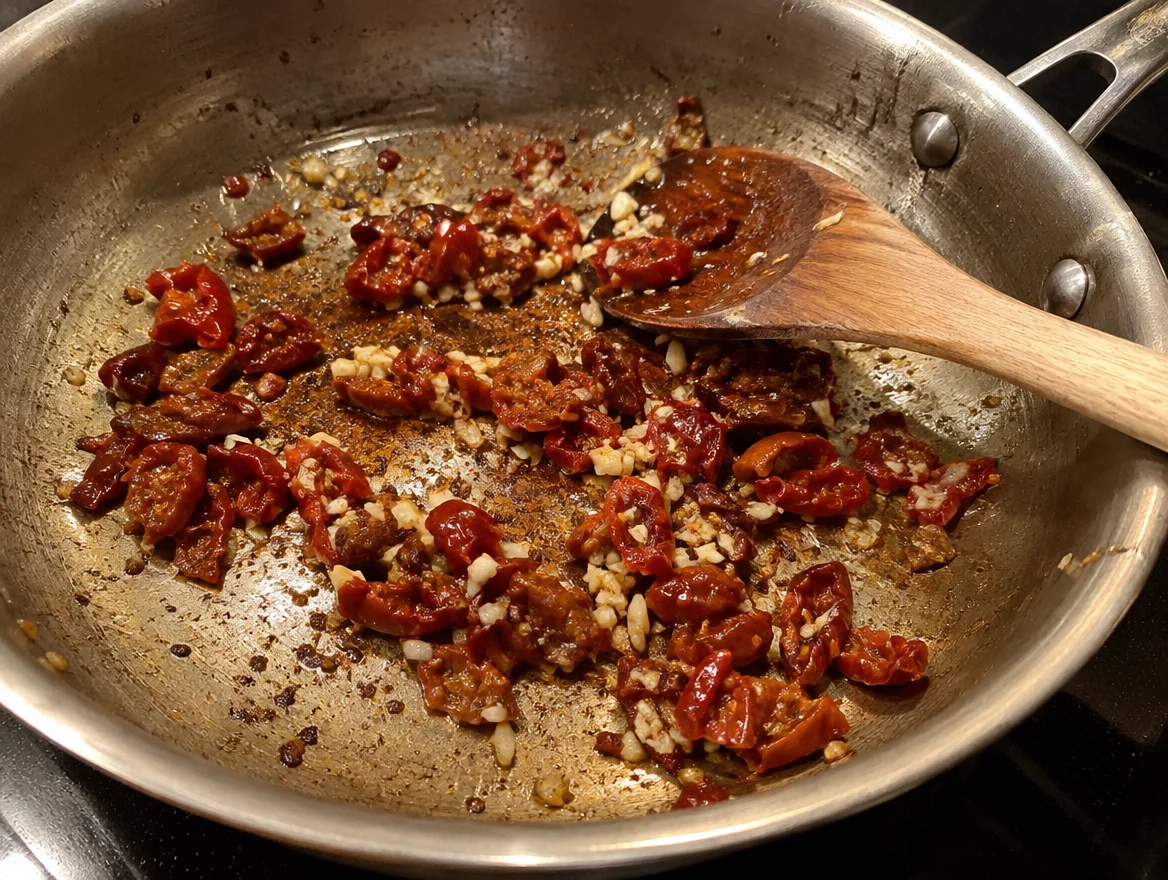 Stirring garlic and sun-dried tomatoes in the salmon pan