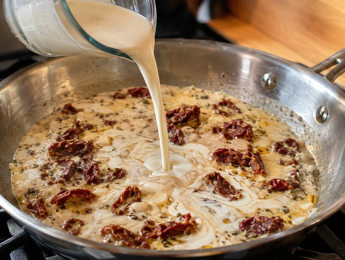 Pouring heavy cream into the sun-dried tomato sauce