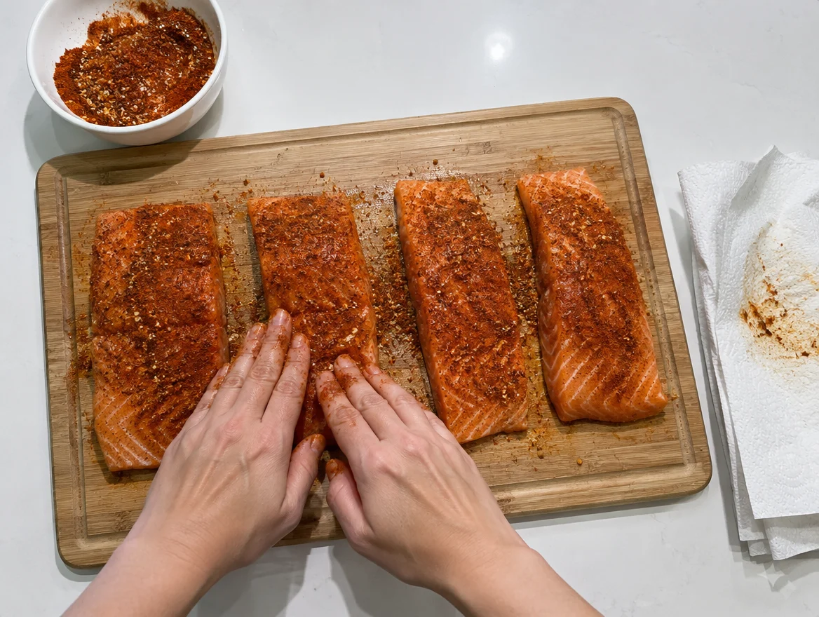 Seasoning salmon fillets with garlic powder and smoked paprika