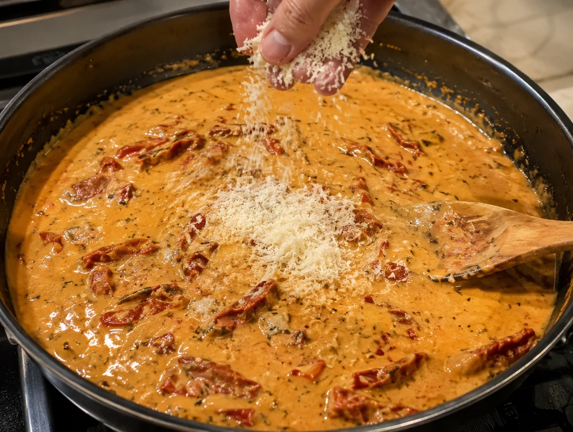 Stirring grated parmesan into creamy sun-dried tomato sauce