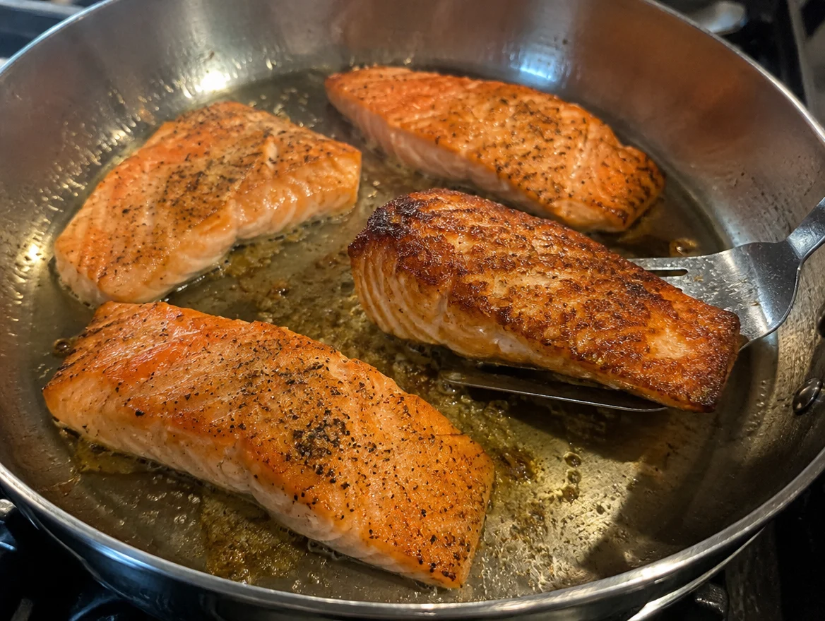 Searing salmon fillets in a skillet until golden