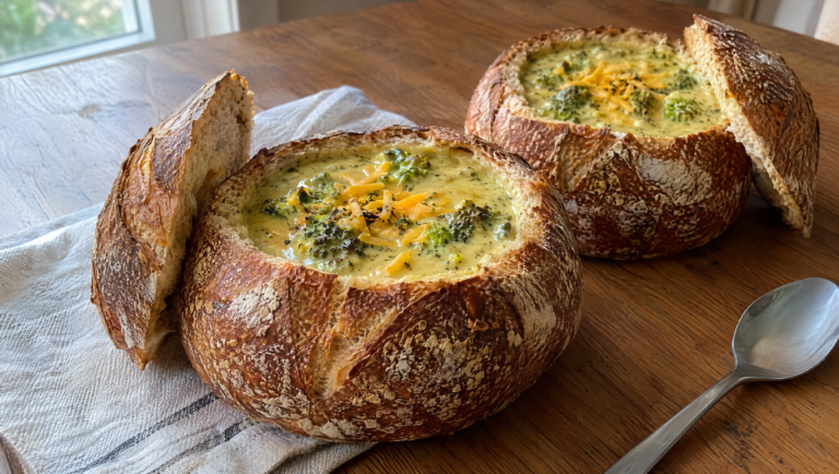 Sourdough bread bowl recipe result, two crusty bowls filled with broccoli cheddar soup