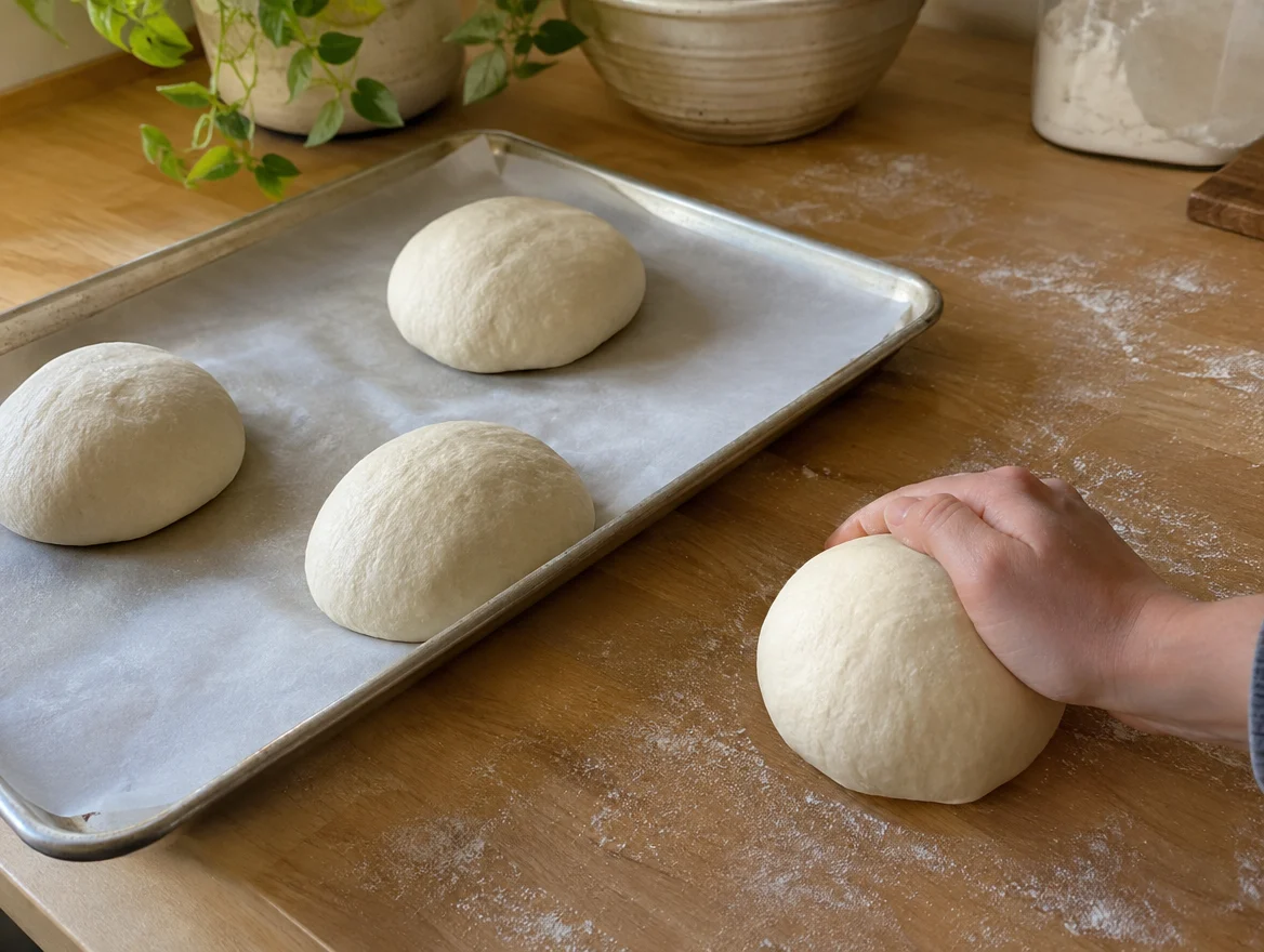 Shaping four sourdough rounds for bread bowls next to a parchment-lined sheet pan