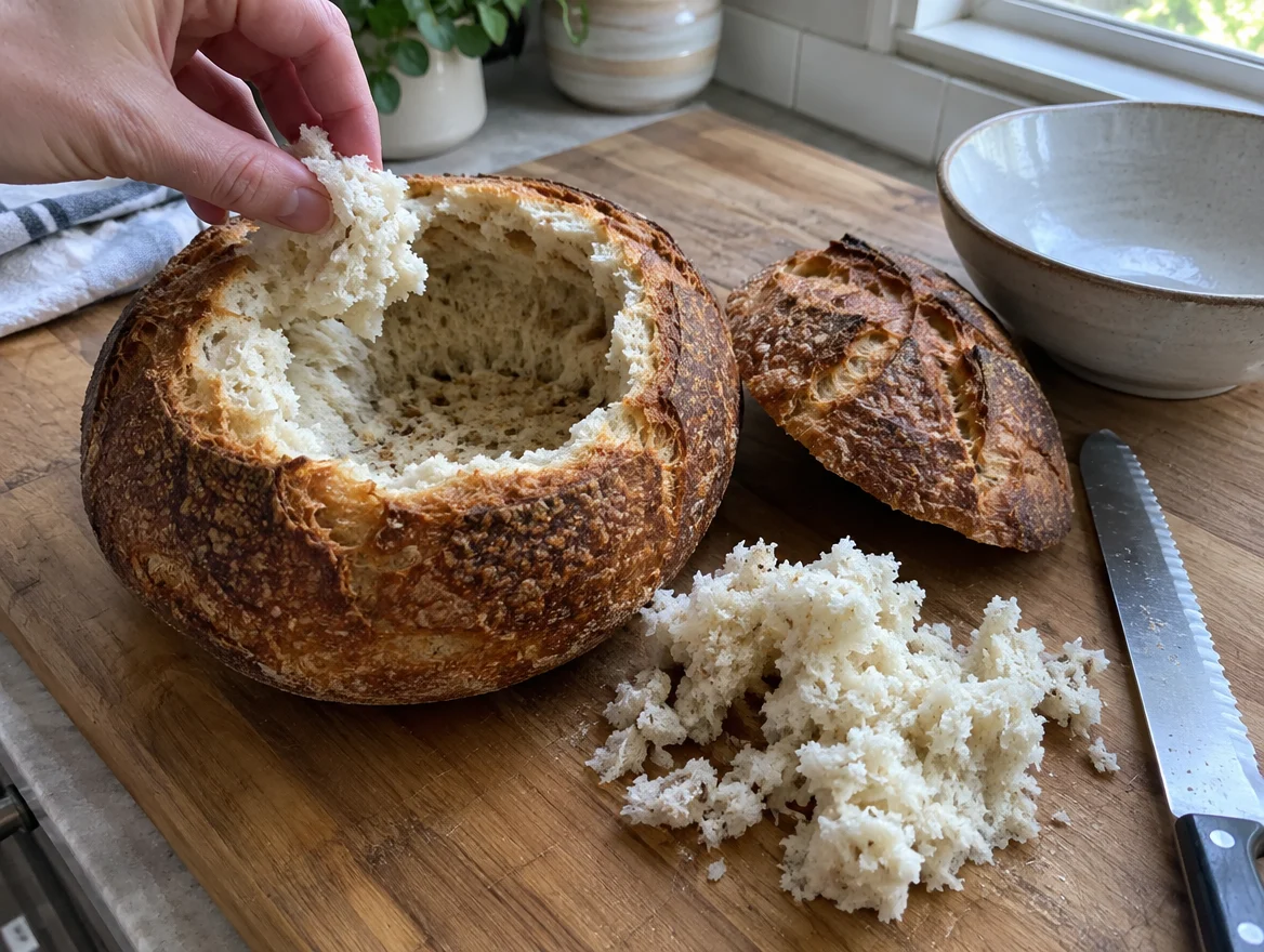 Hollowing a baked sourdough bread bowl, leaving thick walls