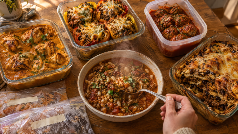 Five high protein freezer meals packed in containers, with a bowl of turkey chili served hot