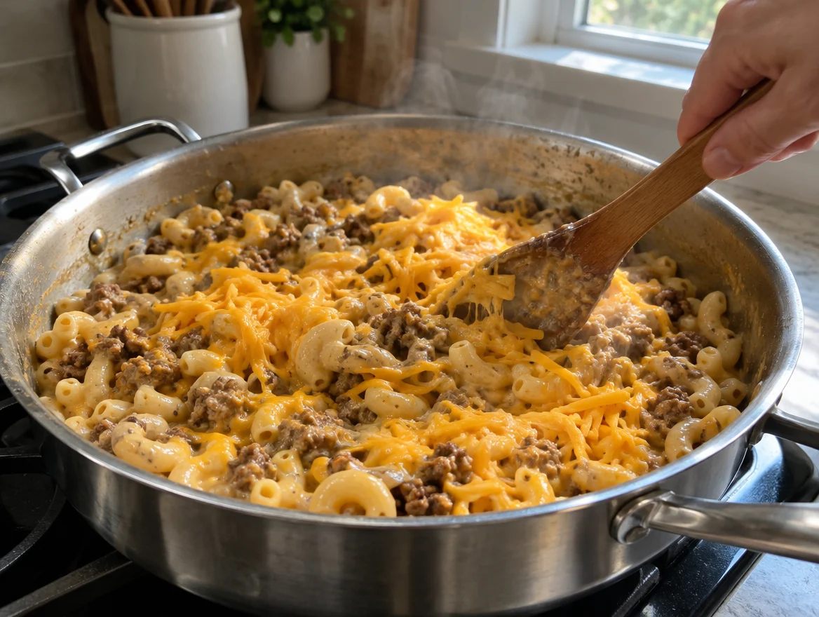 One-pan cheeseburger macaroni with cheddar melting in a skillet