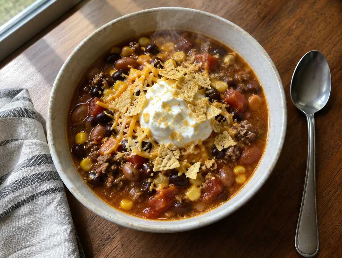 Bowl of taco soup with ground beef, beans and corn