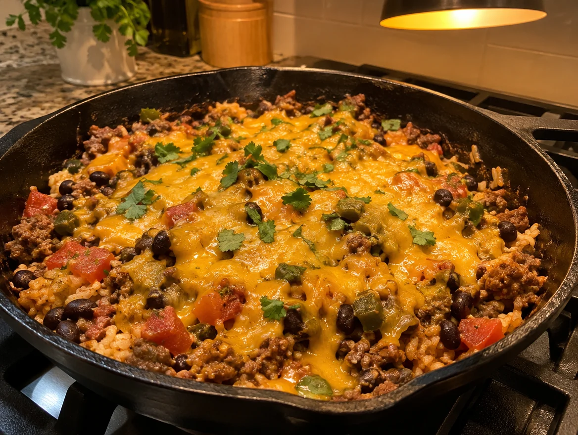 Taco rice skillet with ground beef, black beans and melted cheese