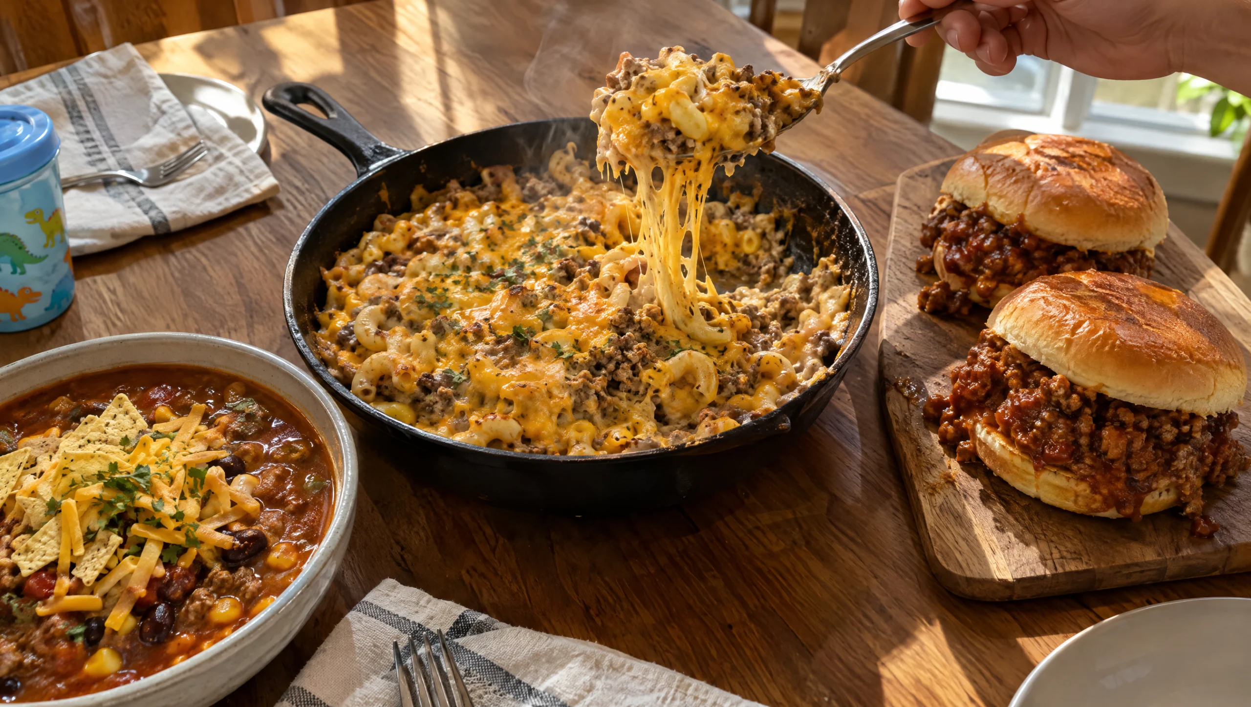 Ground beef recipes on a family table, with a skillet of cheeseburger macaroni in the center