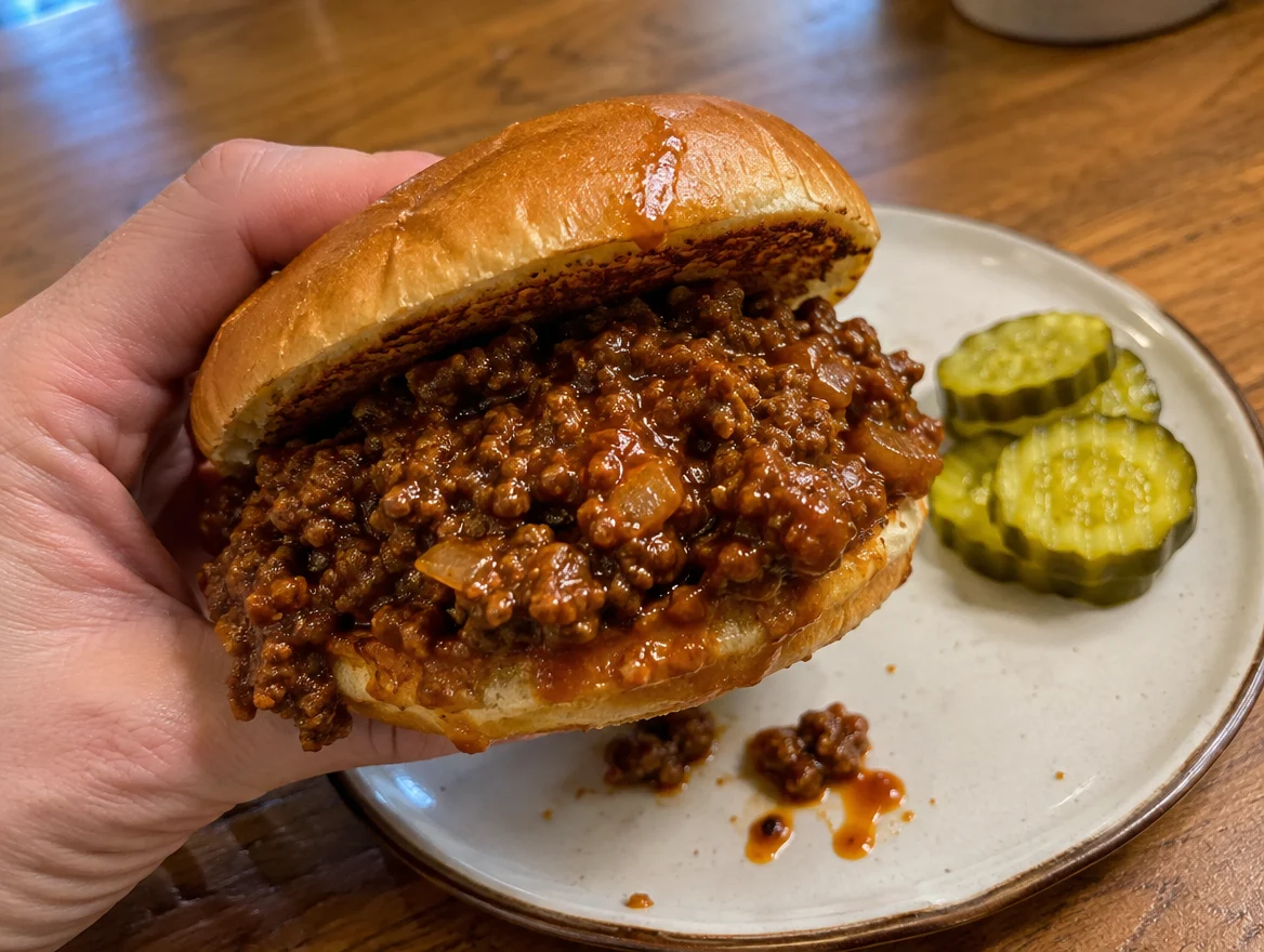 Sloppy joe on a toasted bun with thick ground beef filling