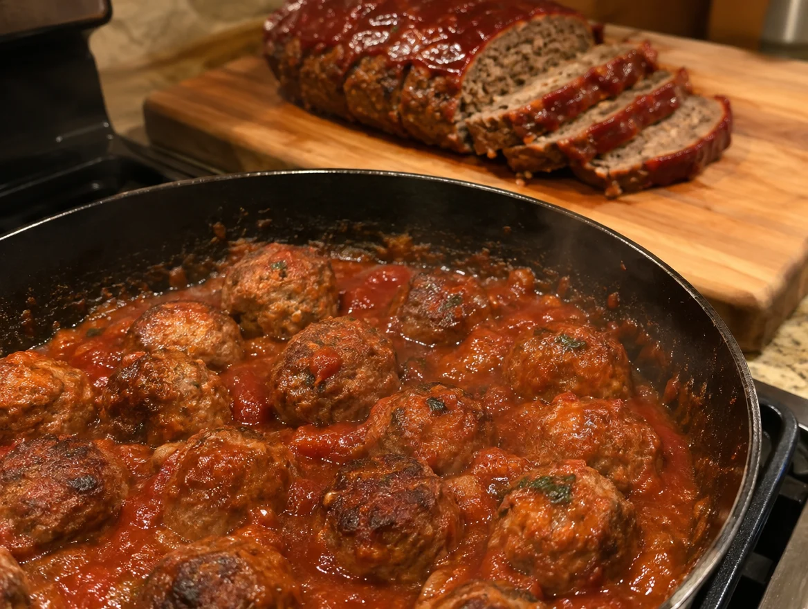 Beef meatballs in sauce and a sliced glazed meatloaf