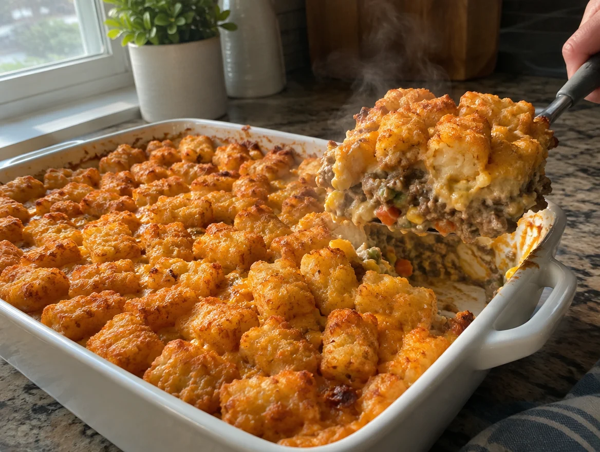 Tater tot casserole with a serving lifted out