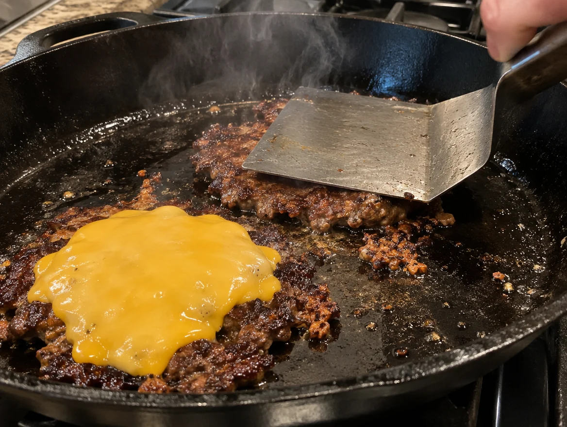 Smash burgers with crispy edges in a cast iron skillet
