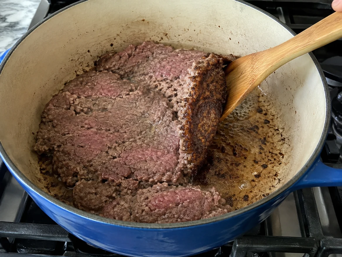 Ground beef browning in a Dutch oven before breaking it up for chili