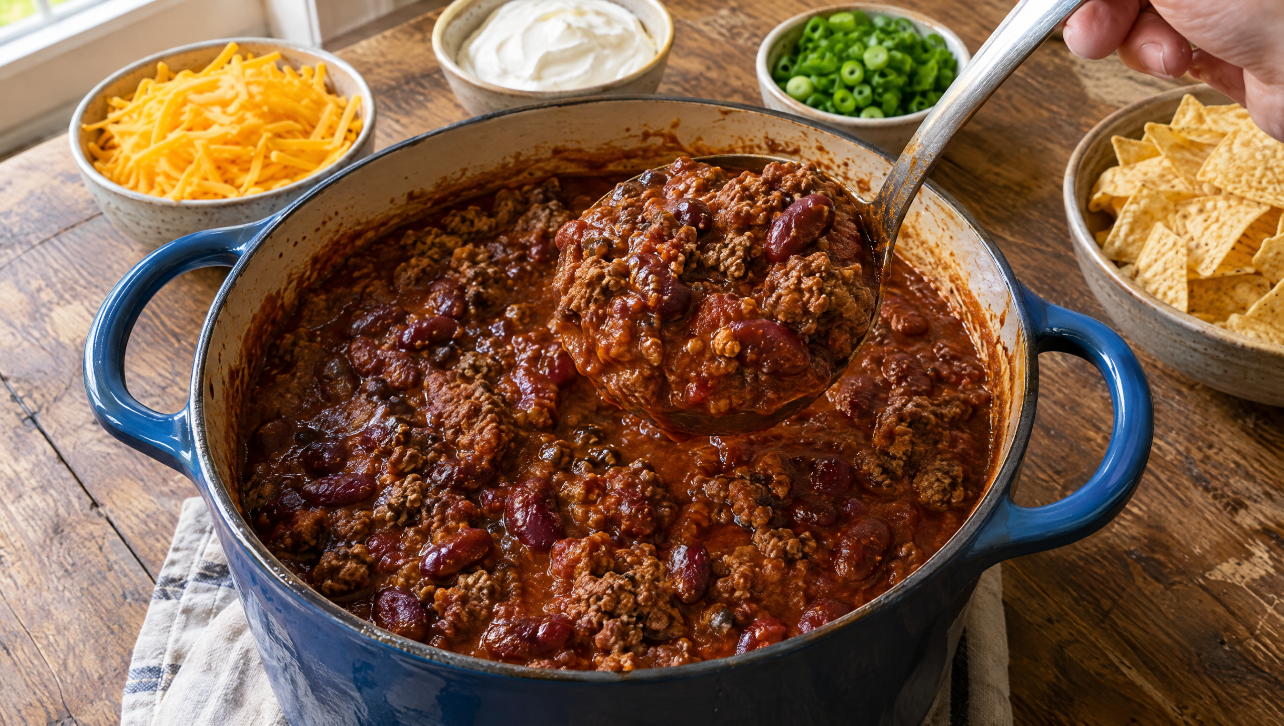 Homemade chili recipe in a Dutch oven with a ladle of thick ground beef and bean chili and bowls of cheese and toppings