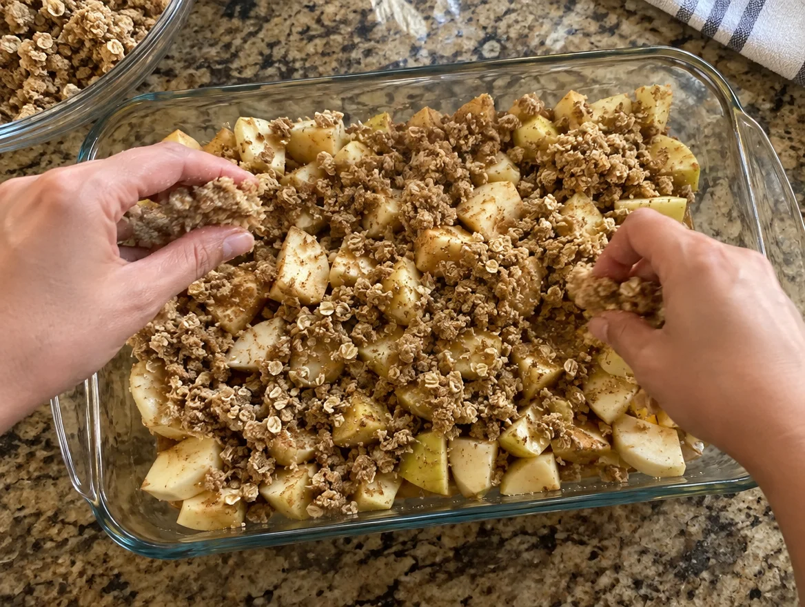 Hands scattering oat crumb topping over apples for an apple crisp
