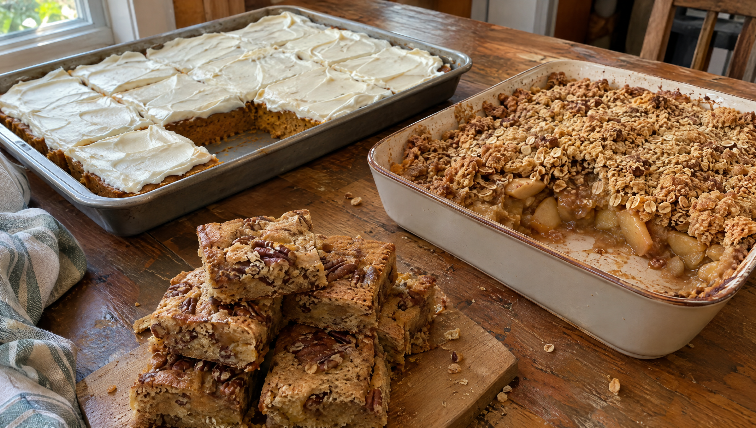 Fall sweet treats on a wooden table, including frosted pumpkin bars, apple crisp and maple pecan blondies